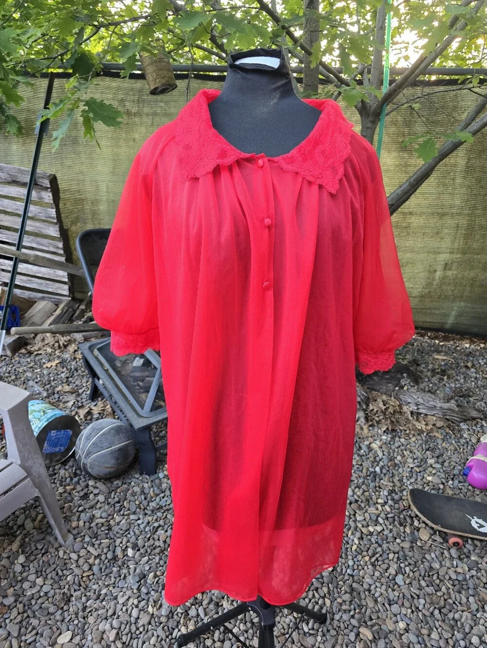 Vtg 60's Red Sheer Nylon Peignoir Robe and Slip Dress Coquette PinUp Old Glamour - Picture 8 of 12